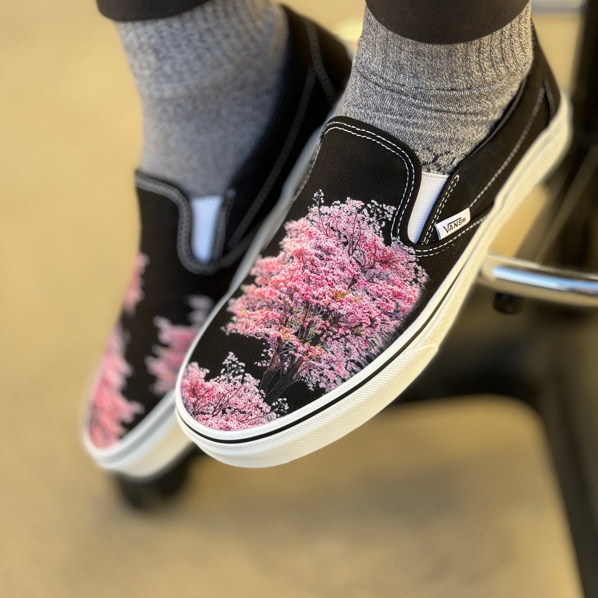 Cherry Blossoms on Custom Black Slip On Vans Shoes for Women and