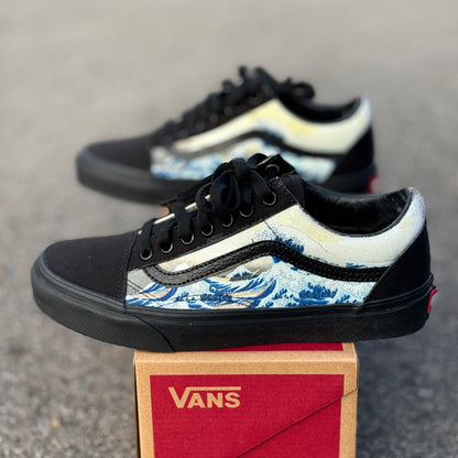 The Great Wave Off Kanagawa Custom Black/Black Old Skool Vans - Men's and Women's Shoes