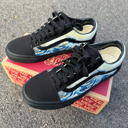 The Great Wave Off Kanagawa Custom Black/Black Old Skool Vans - Men's and Women's Shoes