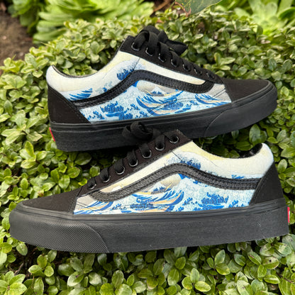 The Great Wave Off Kanagawa Custom Black/Black Old Skool Vans - Men's and Women's Shoes