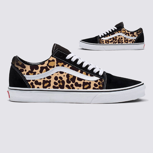 Jaguar Leopard Print on Black Vans Old Skool Shoes