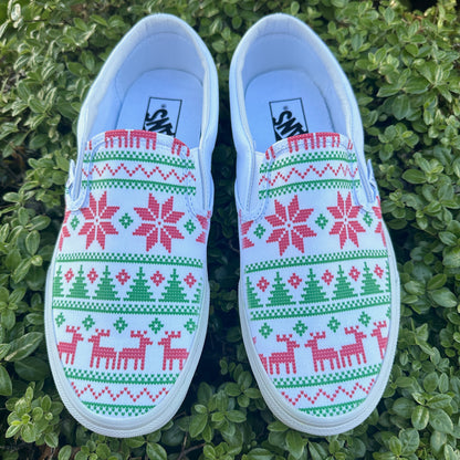 Ugly Christmas Sweater Print Holiday Season Custom White Slip On Vans