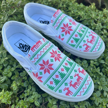 Ugly Christmas Sweater Print Holiday Season Custom White Slip On Vans