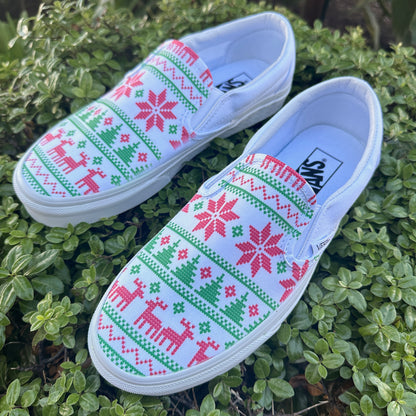 Ugly Christmas Sweater Print Holiday Season Custom White Slip On Vans