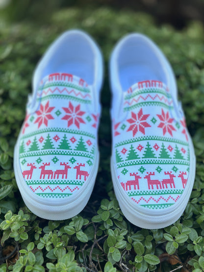 Ugly Christmas Sweater Print Holiday Season Custom White Slip On Vans