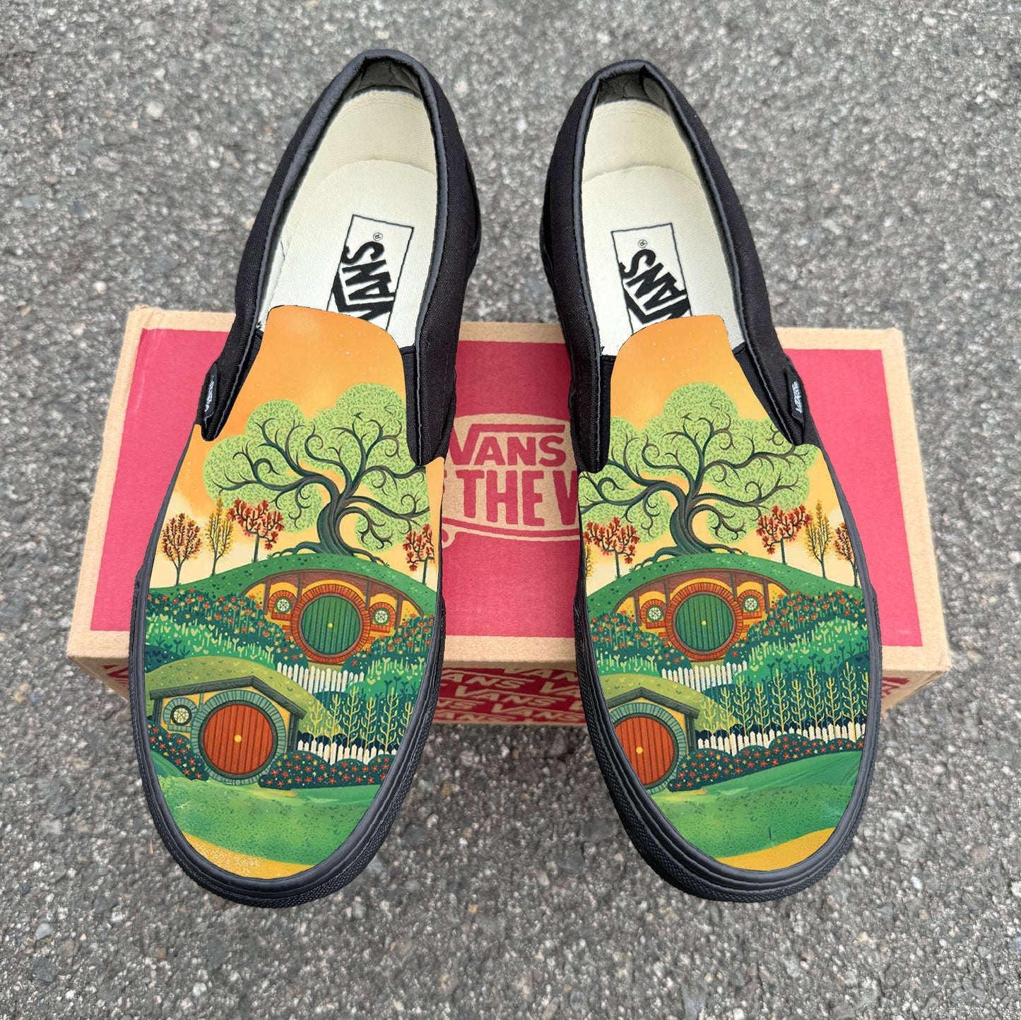 Men's 7.5 Black/Black Vans Slip Ons Hobbit Lord Of the Rings Customs - Custom Order
