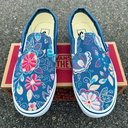 Embroidery Inspired Navy Vans Slip On Shoes - Custom Vans Shoes for Men and Women