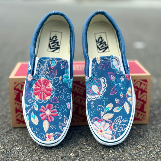 Embroidery Inspired Navy Vans Slip On Shoes - Custom Vans Shoes for Men and Women