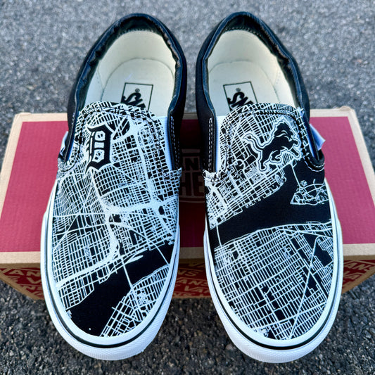 Detroit Inspired Black Vans Slip On Shoes - Custom Vans Shoes for Men and Women