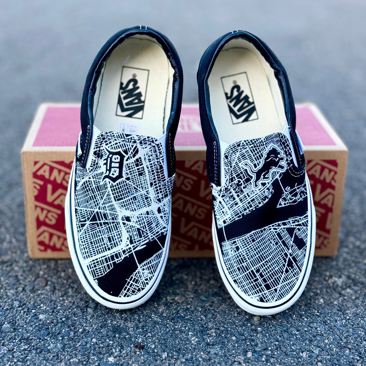 Detroit Inspired Black Vans Slip On Shoes - Custom Vans Shoes for Men and Women