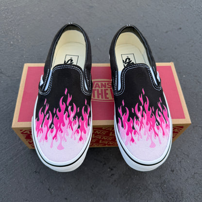 Hot Pink Flame Shoes - Custom Vans Black Slip On Shoes