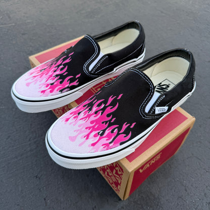 Hot Pink Flame Shoes - Custom Vans Black Slip On Shoes