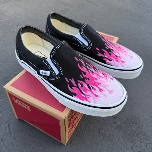 Hot Pink Flame Shoes - Custom Vans Black Slip On Shoes