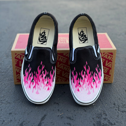Hot Pink Flame Shoes - Custom Vans Black Slip On Shoes