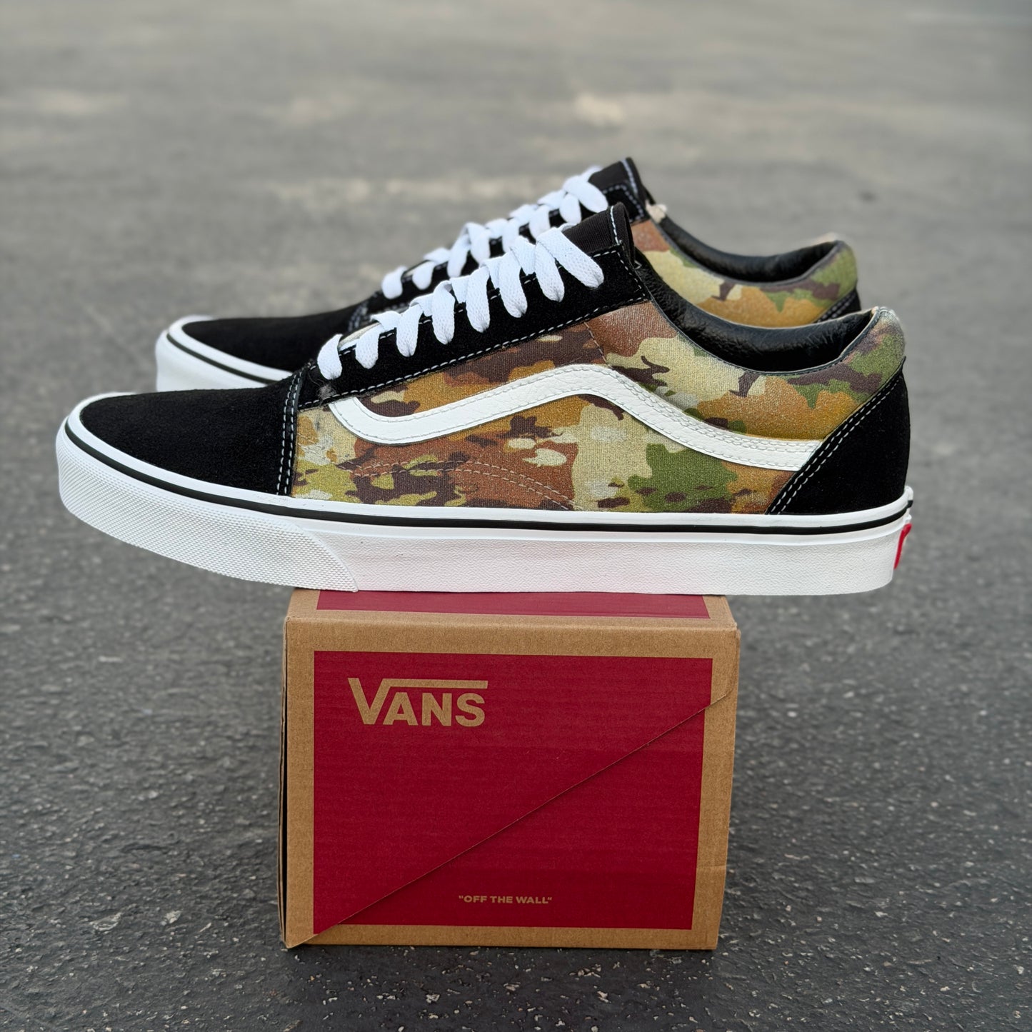 Multicam Camo Pattern on Black Vans Old Skool Shoes Custom Camouflage Design
