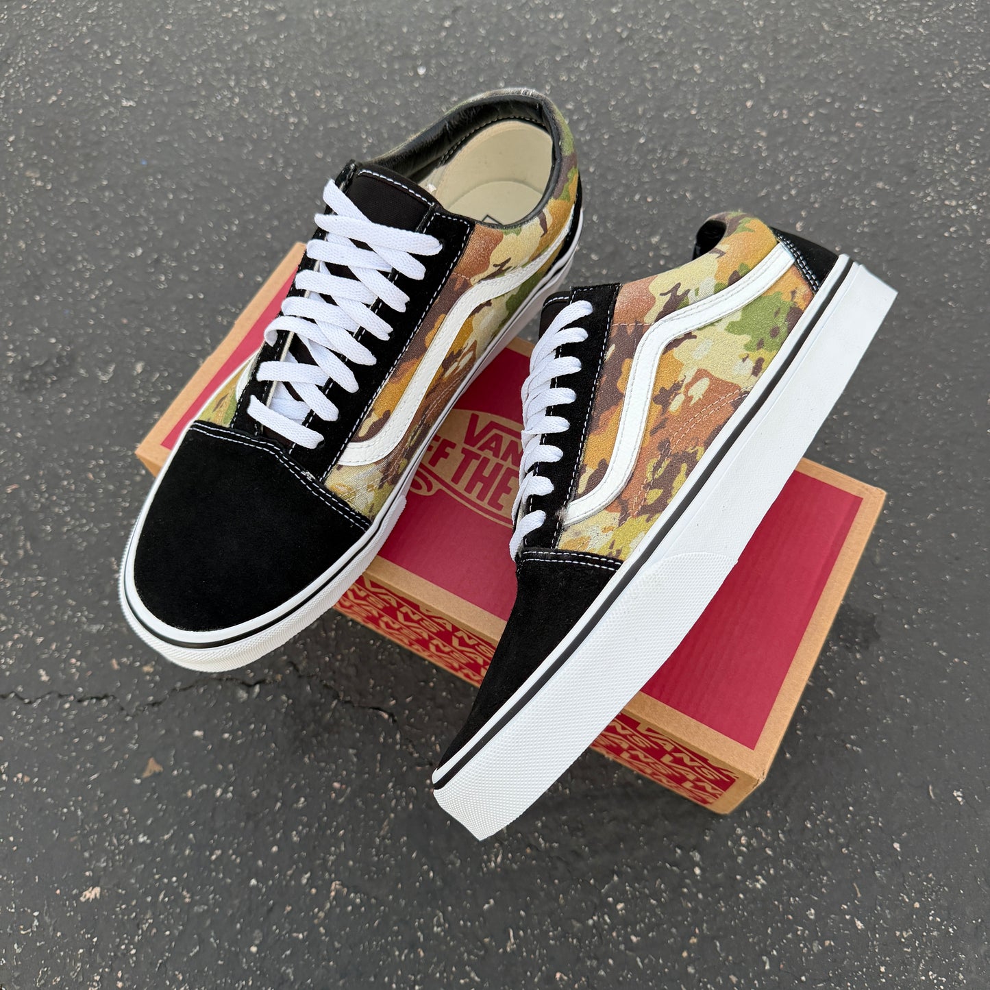 Multicam Camo Pattern on Black Vans Old Skool Shoes Custom Camouflage Design