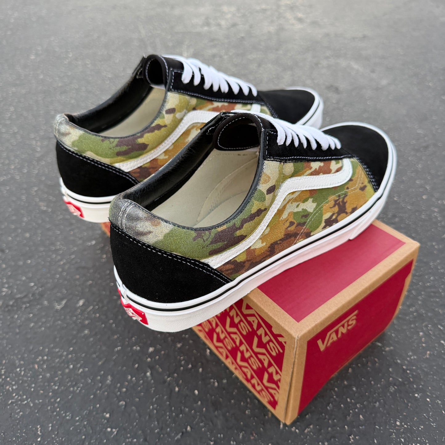 Multicam Camo Pattern on Black Vans Old Skool Shoes Custom Camouflage Design