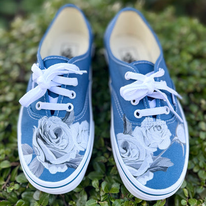 Black and White Roses on Navy Vans Authentic Shoes