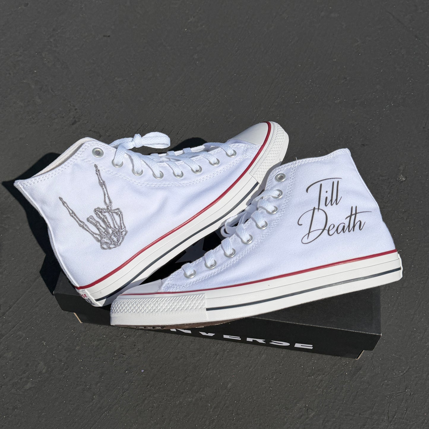 till death rocker hand skeleton bones converse Chuck Taylor high top shoes wedding custom
