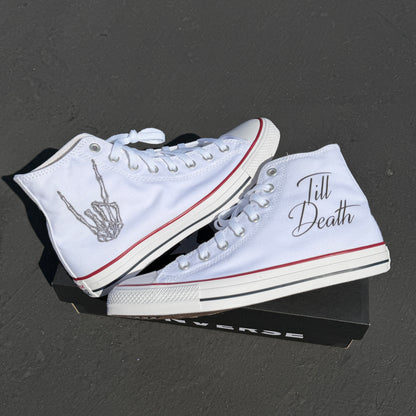 till death rocker hand skeleton bones converse Chuck Taylor high top shoes wedding custom