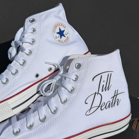 till death rocker hand skeleton bones converse Chuck Taylor high top shoes wedding custom