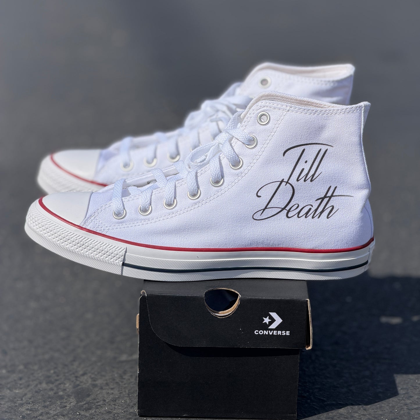 till death rocker hand skeleton bones converse Chuck Taylor high top shoes wedding custom