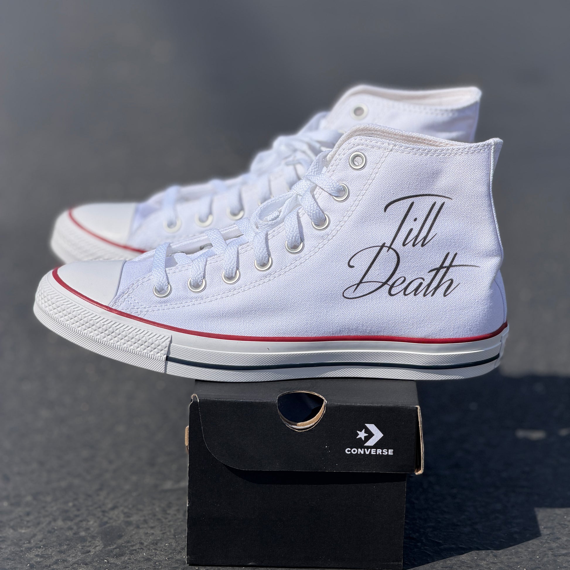 till death rocker hand skeleton bones converse Chuck Taylor high top shoes wedding custom