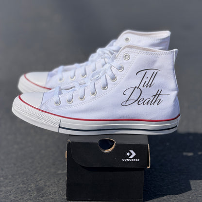 till death rocker hand skeleton bones converse Chuck Taylor high top shoes wedding custom
