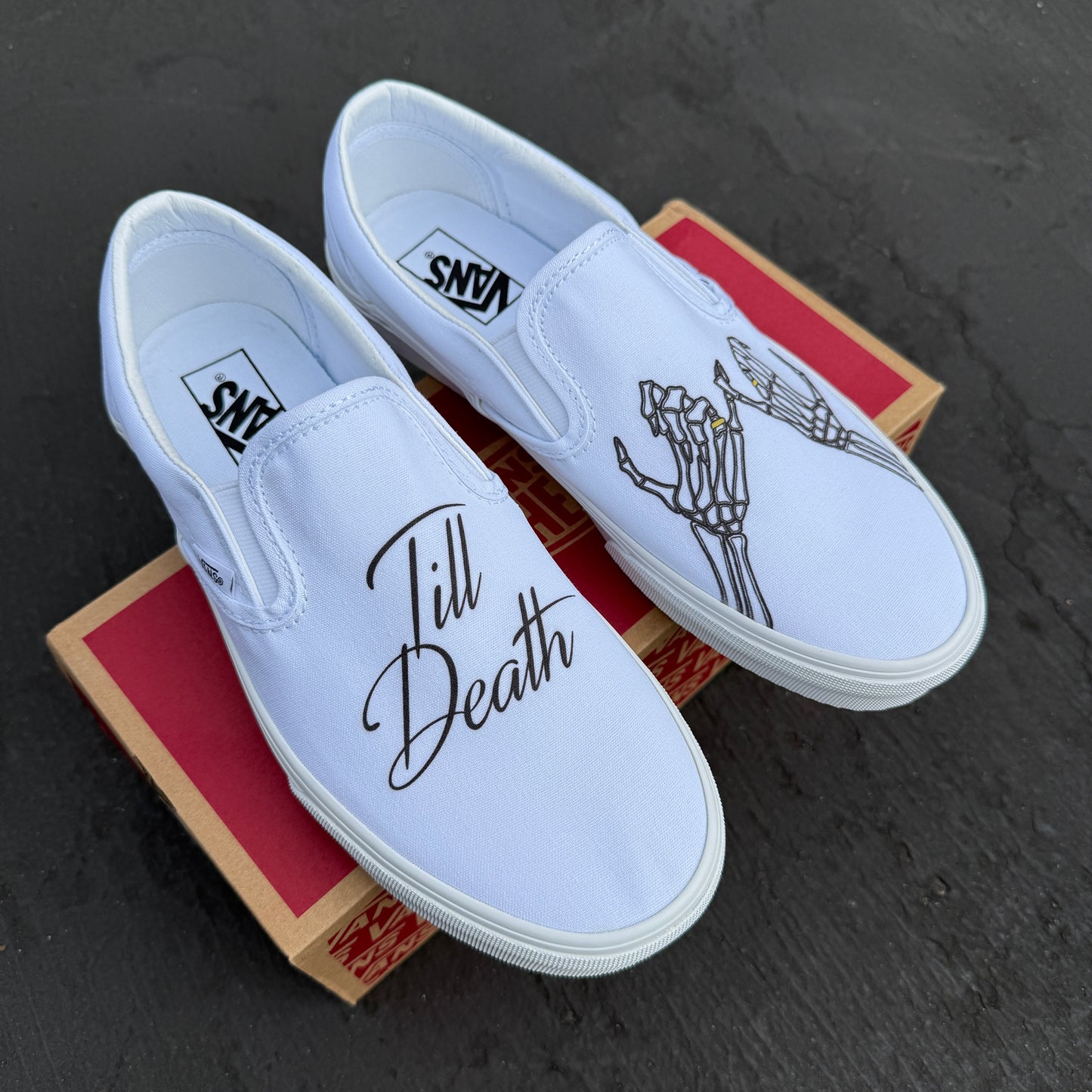 Till Death wedding vans white slip on shoes
