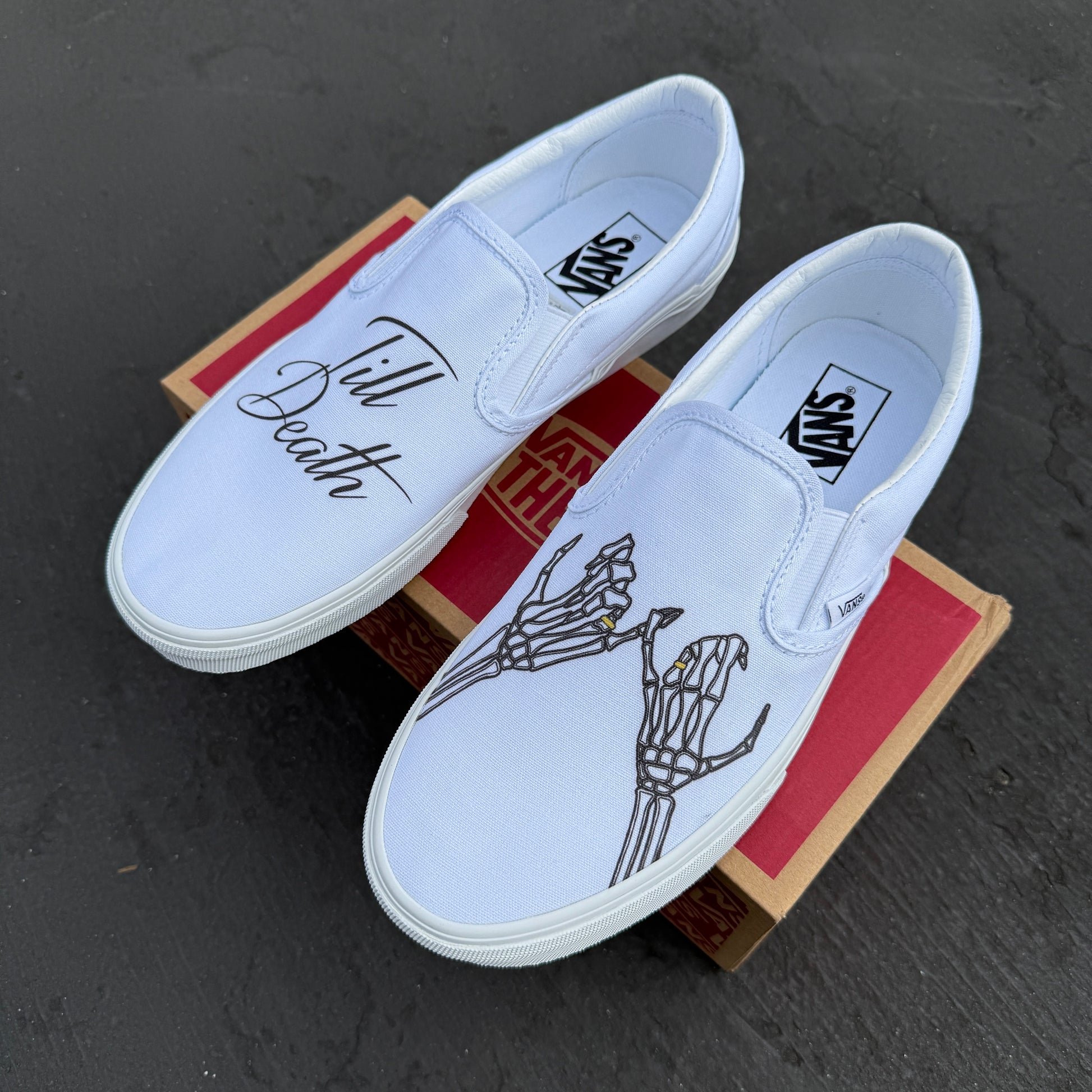 Till Death wedding vans white slip on shoes