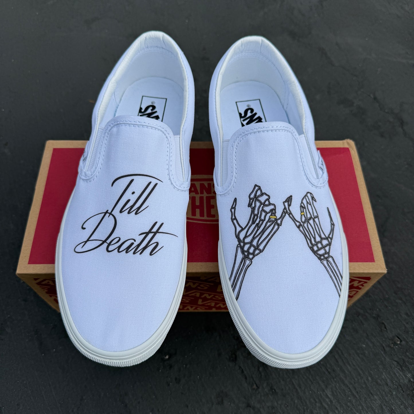Till Death wedding vans white slip on shoes