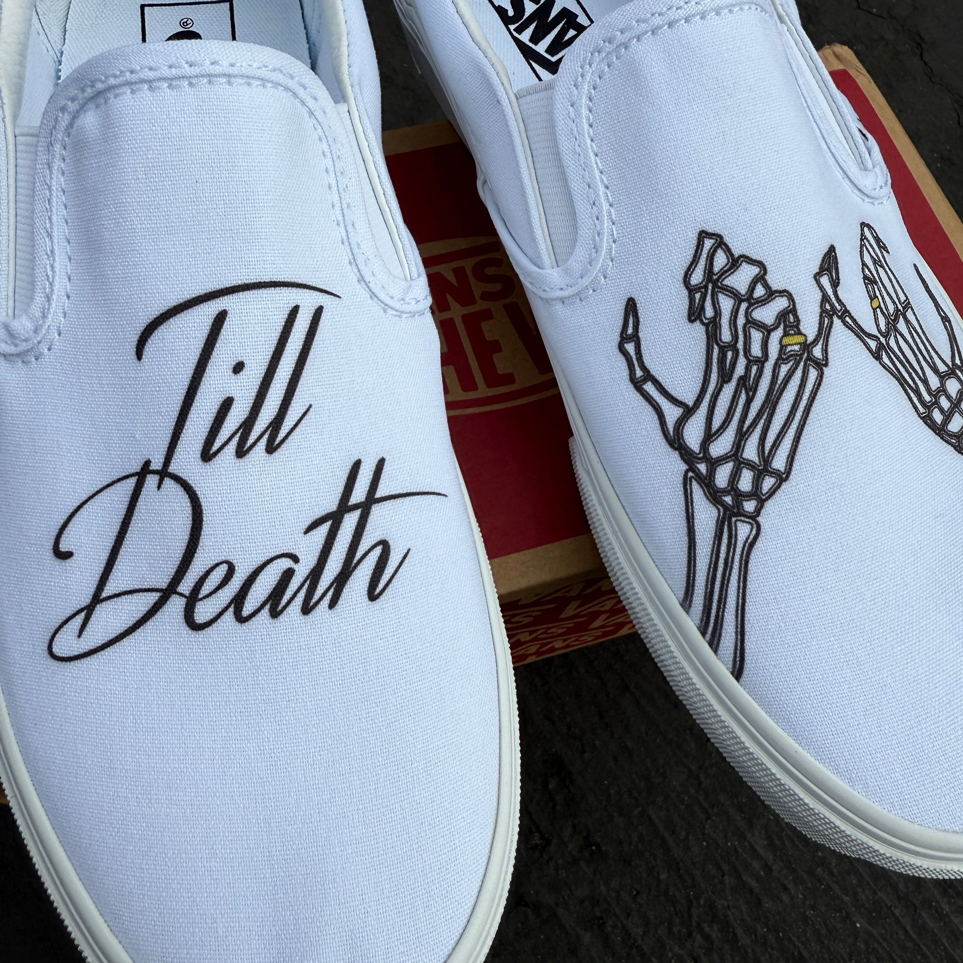 Till Death wedding vans white slip on shoes