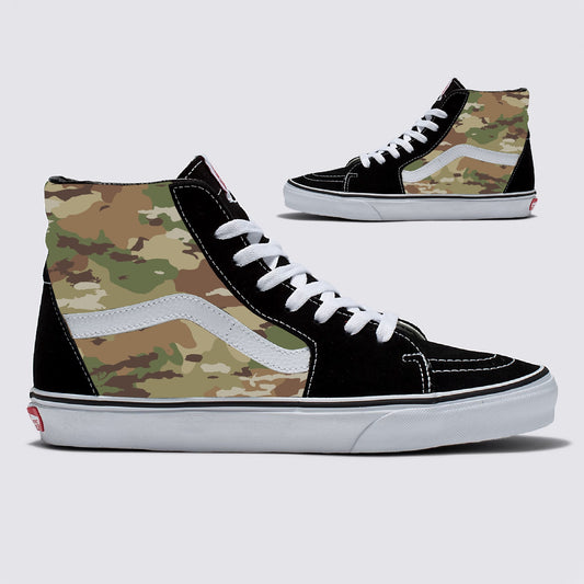 Multicam Camo Pattern on Black Vans Sk8-Hi Shoes Custom Camouflage Design