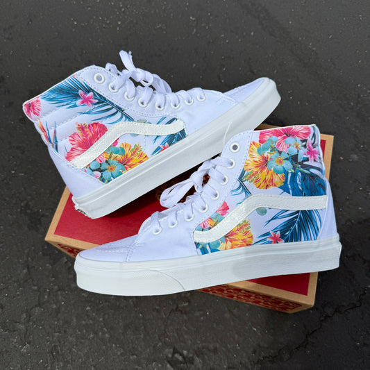 Hawaiian tropical floral hibiscus flowers on custom vans sk8 hi sneakers