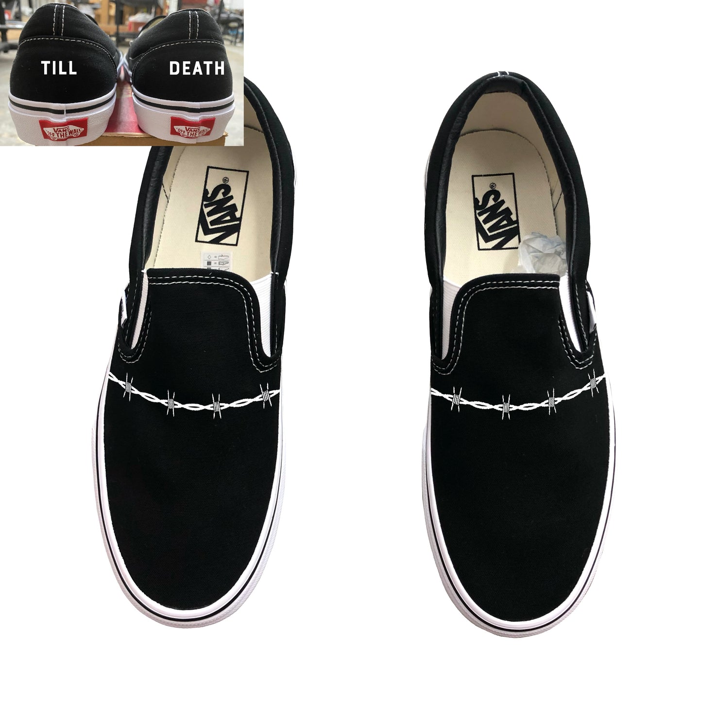 Till Death Barbed Wire Vans - Custom Wedding Theme Vans Slip On Shoes