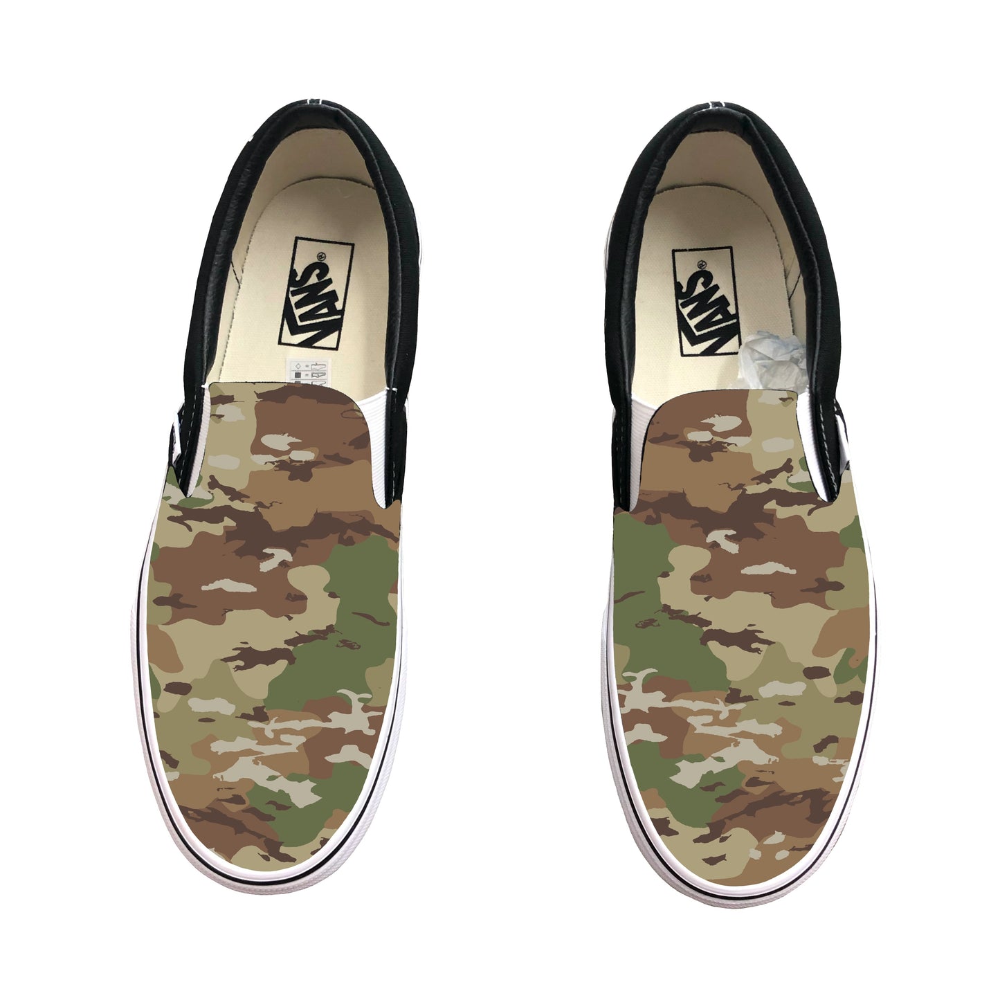 Multicam Camo Pattern on Black Slip on Vans Custom Camouflage Design
