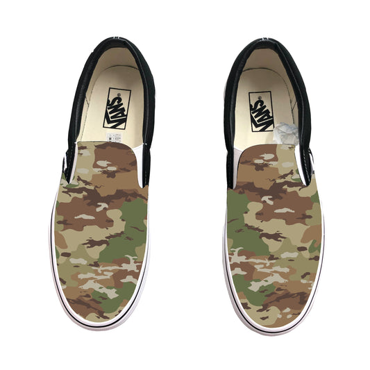 Multicam Camo Pattern on Black Slip on Vans Custom Camouflage Design