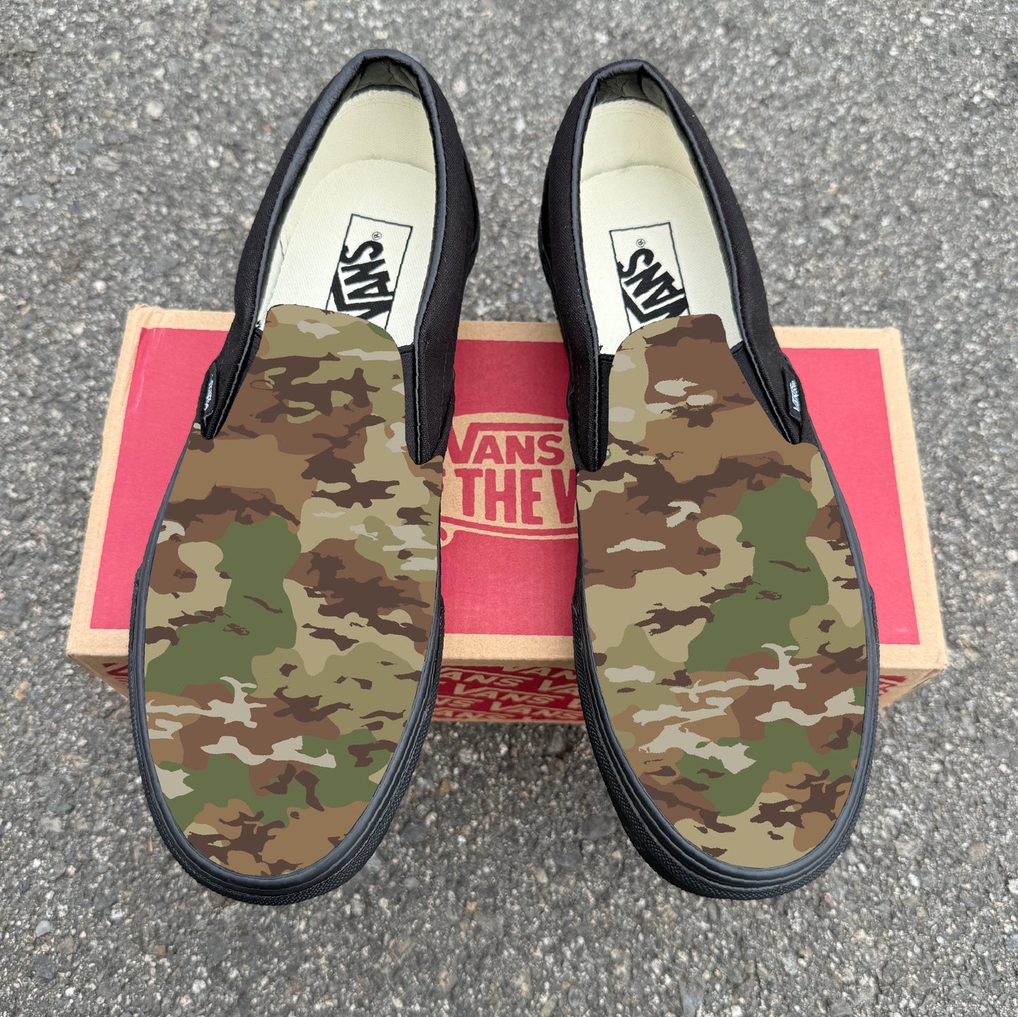 Multicam Camo Pattern on All Black Slip on Vans Custom Camouflage Design