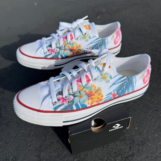 Hawaiian tropical floral hibiscus flower low top converse shoes custom 