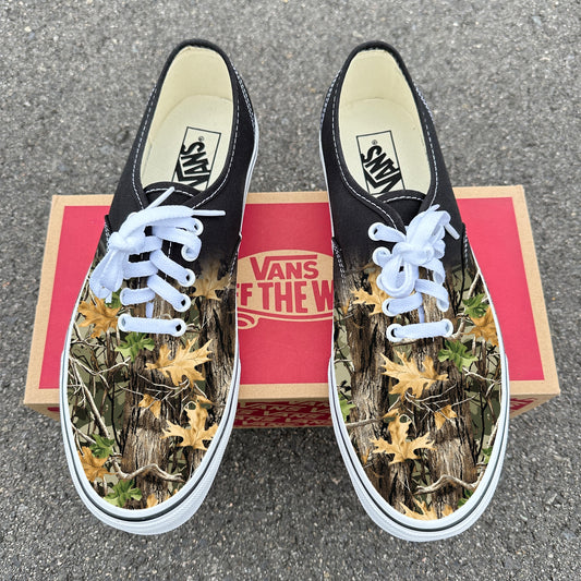 Realtree Camo Pattern on Black Vans Authentic Shoes Custom Camouflage Design