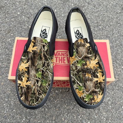 Realtree Camo Pattern on All Black Slip on Vans Custom Camouflage Design