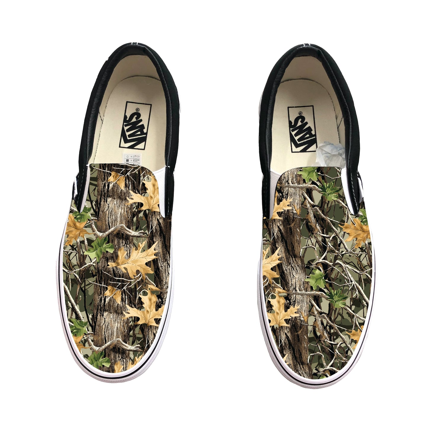 Realtree Camo Pattern on Black Vans Slip On Shoes Custom Camouflage Design
