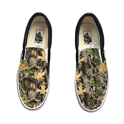 Realtree Camo Pattern on Black Vans Slip On Shoes Custom Camouflage Design