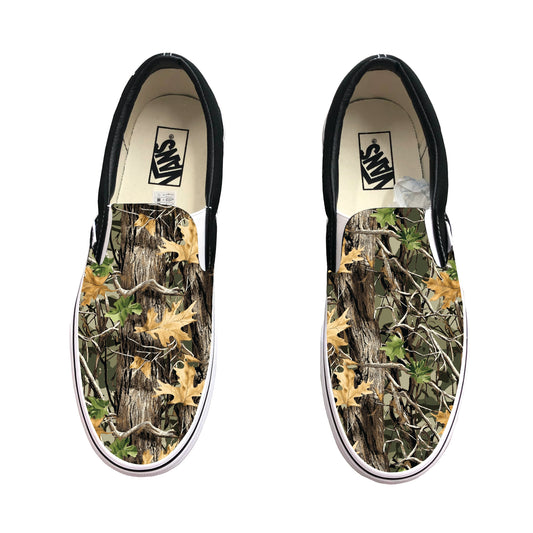 Realtree Camo Pattern on Black Vans Slip On Shoes Custom Camouflage Design