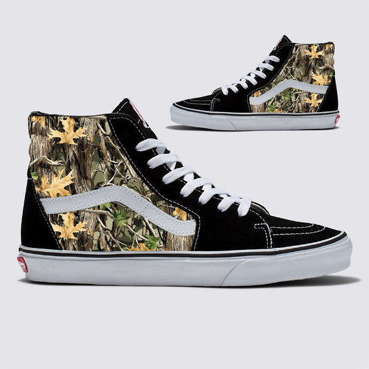 Realtree Camo Pattern on Black Vans Sk8-Hi Shoes Custom Camouflage Design