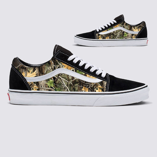 Realtree Camo Pattern on Black Vans Old Skool Shoes Custom Camouflage Design