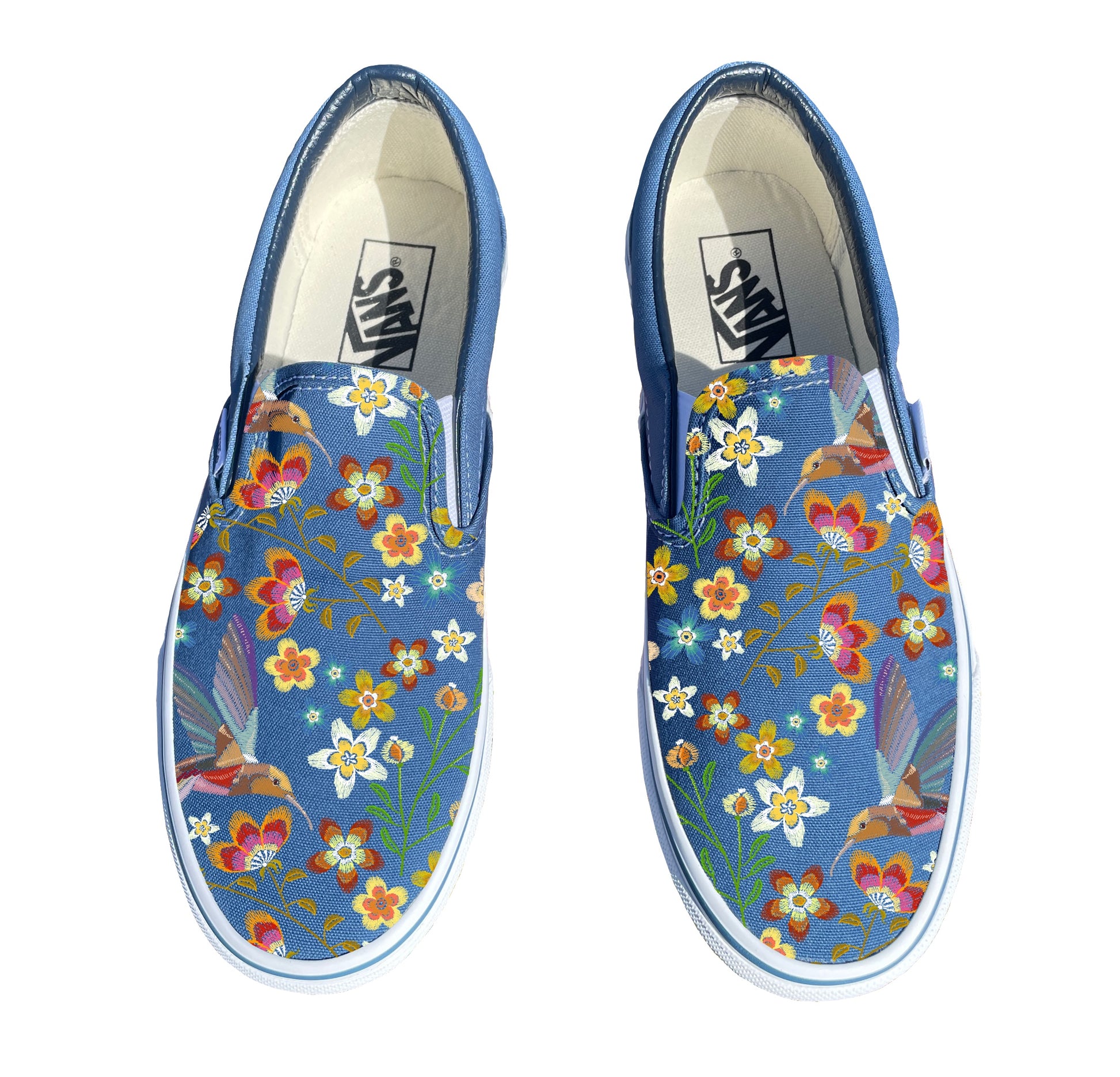 Hummingbird Embroidery Style Print on Navy Vans Slip On Shoes