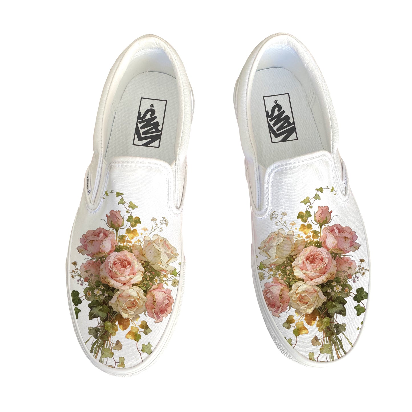 Dreamy Floral Rose Bouquet on White Slip On Vans