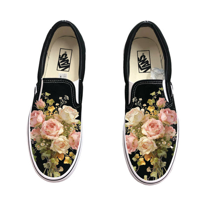 Dreamy Floral Rose Bouquet on Black Slip On Vans