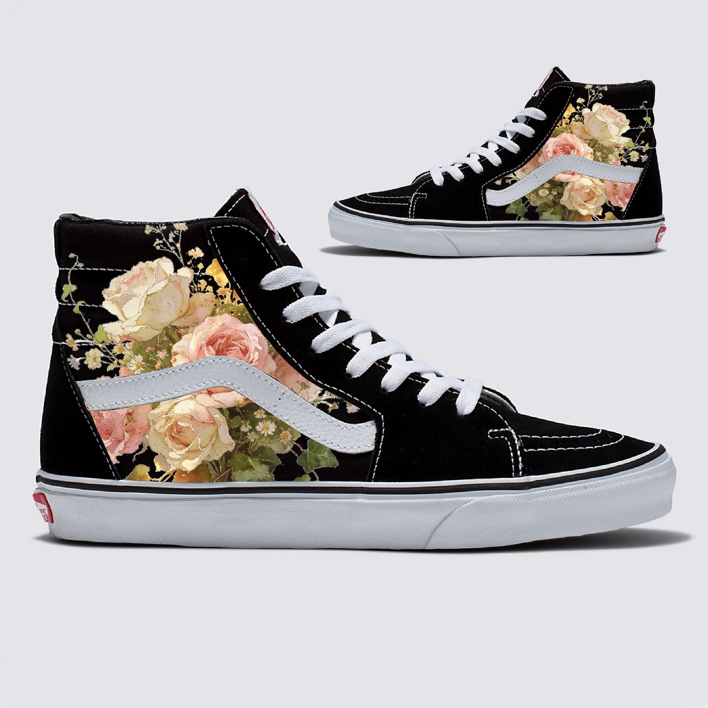 Dreamy Floral Rose Bouquet on Black Vans Sk8 Hi Shoes